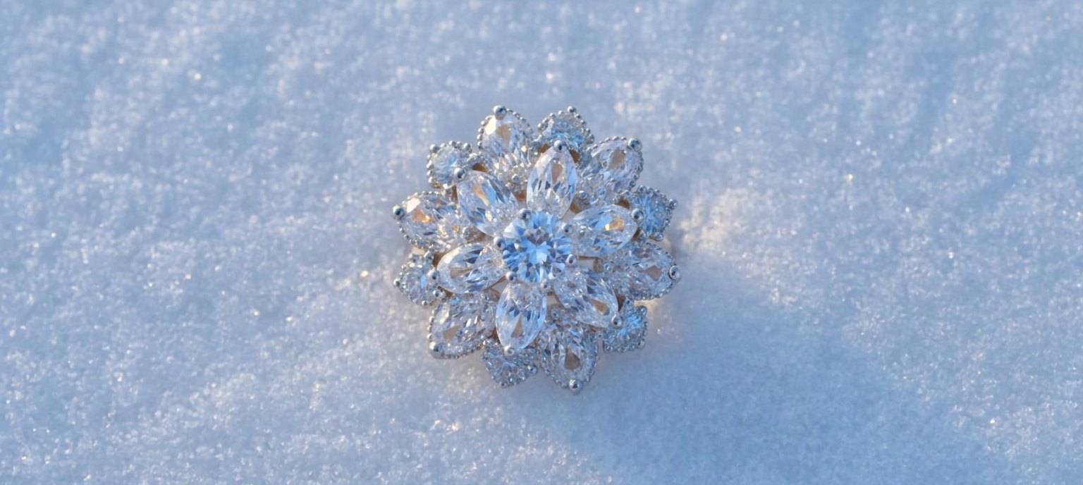 The Snowbloom earring lying in fresh, sparkling snow